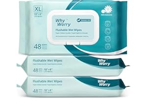 WhyWorry XL Papier Toilette Humide 20x25 cm pour Adultes, Extra Épais Lingettes Nettoyage Jetable dans les Toilettes, Camomille et Vitamine E, 100% Végétales, Sans Parfum, 144 Unité (3 Paquets de 48)