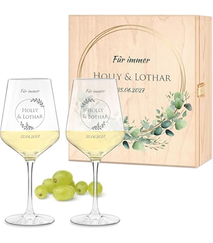 Hochzeitsgeschenk Set - Gravur Weingläser & Holzkiste Mit Wein