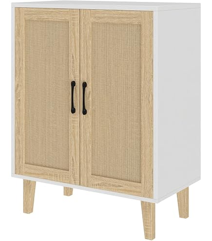Meuble Buffet Rotin 4 Portes – Rangement Élégant Salon Chambre 127x38x83 Cm, Blanc Et Bois Naturel