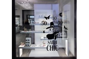 NEWTEAM Adesivo vetrina Vestito Chic per saldi - Misure 70x100 cm - Nero - vetrine Negozi - Stickers sconti -30% -40% -50%