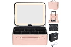 FAQUENC Maletin Maquillaje con LED Grande Maletín Organizador Maquillaje portátil de Cuero PU Estuche Maquillaje con Espejo extraíble Neceser Maquillaje con Soporte para brochas de Maquillaje, Rosa Claro