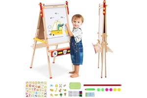 FORROBY Kinder Staffelei, Doppelseitige Kunststaffelei aus Holz für Kinder, Höhenverstellbare Maltafel mit Stift, Cartoon-Bilder und Rollenpapier, für Kinder im Alter von 2–15 Jahren (Rot)