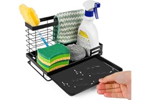 Banaone Organizador Fregadero, Cesto De Utensilios De Acero Inoxidable Con Bandeja Escurridora, Cepillo Para Esponjas, Soporte Para JabóN, Organizador Multifuncional Para BañO Y Cocina (Negro)