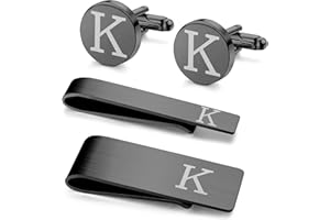 Kakonia Set di 4 gemelli e fermacravatta con iniziale, da uomo, in acciaio inossidabile, con incisione personalizzata, gemelli e fermacravatta con lettera dell'alfabeto A-W, con confezione regalo per