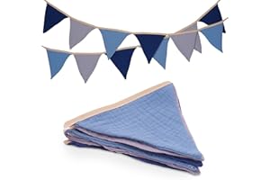 jijAcraft Łańcuch chorągiewek do pokoju dziecięcego, dwustronny materiał, łańcuch proporczyków z muślinu, bawełna, 1,9 m, niebiesko-szara, dekoracja do pokoju dziecięcego, dla dziewcząt i chłopców, na