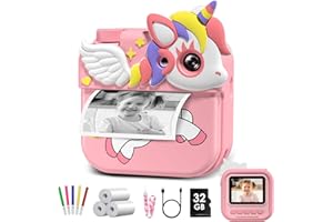 Camara Fotos Infantil Instantanea, Hangrui Cámara Instantánea para Niños con Tarjeta de 32G, 2.4" HD Camara Instanea Infantil con Papel de Impresión y Bolígrafos de Colores, Regalos Juguete