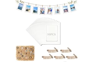 Hexizexi 50 Stück 6 Zoll Papier Bilderrahmen 11.5x15.5 cm Weiße Fotogirlande mit 50 Holzklammern und 5 Rollen Hanfschnur Fototaschen zum Aufhängen Geeignet für Geburtstage Hochzeiten Wanddekoration