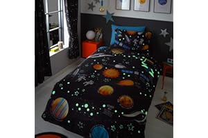 Happy Linen Company Set copripiumino e federe - tema pianeti e razzi spaziali - fluorescente - blu navy - singolo