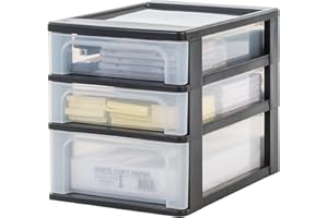 Iris Ohyama Desktop Storage Drawers Unit, 2 Shallow & 1 Deep Drawer, Black, Easy-Pull Drawers, A4, Clear, For Home Office, Documents, Supplies & Accessories, File, Paper Storage, BPA Free, OCH-2021
