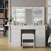 Yanosaku Dressing Table with Mirror, 12 LED Lights, Plug, 9 Drawers and Folding Shelf, 3 Dimmable Lighting Modes