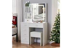 Saihemei Dressing Table with LED Lights, Vanity Desk with 6 Drawers and 6 Shelves, Brightness Adjustable, Makeup Desk with Mirror and Stool for Bedroom Girls