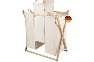 Hennez Wäschesammler XXL - Wäschekorb 3 Fächer - Wäschesortierer Wäschebox - Holz - Wäschetrenner Beige - Wäsche Sortiersystem Bambus - Wäschkorb - Laundry Basket