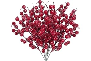 YUAENFI 12 Pezzi Bacche Rosse Artificiale Bacche Decorative Natalizi Ramo Artificiale Berry Stem 27cm Steli di Bacche Artificiali Decorazione del Vaso per la Festa di Nnozze di Natale