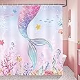 Bonhause Kids Shower Curtain 180 x 180 cm Pink Blue Ocean Theme Girls Bathroom Curtain Waterproof Mildew & Mould Resistant Polyester Fabric Bath Curtain with 12 Hooks