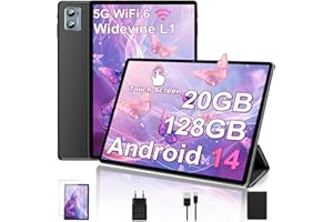 DEERTIME 2025 Newest Android 14 Tablet 10 Pollici, 20(6+14)GB RAM+128GB ROM(TF 2TB), Octa Core 1.8GHz, 5G+2.4G Wi-Fi 6 | 1280 * 800 FHD| Widevine L1| BT5.0| 5MP+8MP| Widgets| GMS Tablet con Caso - Nero