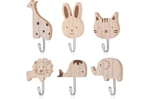HJZHII 6 szt. uroczy haczyk na płaszcz, drewniane zwierzę kreskówka haczyki ścienne samoprzylepne drewniane dekoracje słoń wieloryb kot lew królik żyrafa do sypialni łazienki kuchni