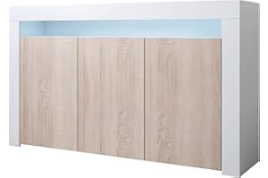 MB Muebles Bonitos | Buffet Bahut Meuble Salon Salle à Manger avec 3 Portes et LED | Dimensions Meuble: 155 x 91,5 x 37cm | Couleur Blanc Brillant et Sonoma | Modèle Aker