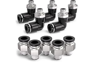 Bwintech 10 piezas de tubo de 6 mm a rosca macho BSP de 1/8" recto y codo de 90 grados Push in Connect Racor neumático,PL6-01/PC6-01 Adaptador rápido para línea de aire