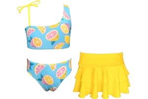 SHEKINI Trajes de Baño de Tres Piezas para Niñas con Falda Deportivo Ajustable Tankini Set con Triángulo Bikini Bottom Bañadores Traje de Baño de Playa para 6-14 Años