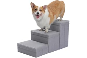 PETEPELA Schody dla psów z 3 pudełkami do przechowywania, składana, antypoślizgowa drabina bezpieczeństwa dla kotów, psów, 3 stopnie przechowywania zwierząt domowych, składane, szare