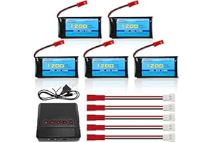 AMZZN 5PCS 3.7V 1200mAh 30C JST Plug Lipo Battery with 5-in-1 Charger for MJX T04 T05 T25 X900 X9TW V2400HD V2450FPV V2450GPS RC Drone Lithium Battery Accessories