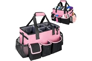 IVODEELA Cleaning Caddy with Handle,Large Cleaning Organiser,Multifunctional Cleaning Bag with Detachable Thick Dividers,Adjustable Waist Belt,Shoulder Straps for Cleaning Supplies,Home,Car and Garden,Pink
