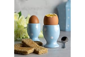 City to Cottage | Set de Deux coquetiers | Bleu Ciel à Pois Blancs en céramique Fait et Peint à la Main | Oeufs durs, à la Coque