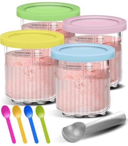 4-Pack Creami Swirl Pints & Lids For Ninja NC700/NC701 - BPA-Free, Dishwasher Safe, With 4 Spoons & 64 Labels (Grey Lids, 16 Oz Each)