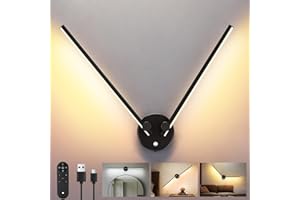 Glowlit Battery Operated Wall Lights 6000 mAh Wireless Wall Lights for Bedroom, Living Room, 300° Rotation Dimmable Wall Lamp with Remote, 3 Colors LED Wall Sconce (Black)
