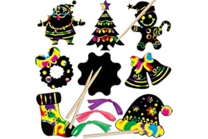 DERAYEE 48 Sheets Christmas Scratch Art Crafts Black Magic Scratch Art Notes Paper Boards with 12pcs Wood Stylus and 48pcs Elastic Cords for Kids Christmas Party Favors
