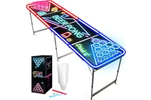 Beer Pong® - Table Lumineuse avec Néons Rouges et Bleus + 22 Cups + 24 Sticks + 2 Balles Fluo - Table Pliable, Transportable, Anti-Rayures - Jeu de Biere Pong
