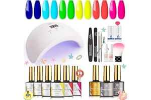 RSTYLE Kit Uñas Semipermanentes, 9PC * 10ml Kit de Esmaltes de Uñas Semipermanentes 48W Soak off Gel Lampara Led uñas Pintauñas Semipermanentes Kit Manicure Home Salon Kit Regalo Neon Fluorescente