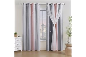 Accmuzzy 2 Panels Blackout Curtains for Bedroom,Double Layer Kids Curtain,Star Window Colorful Rainbow Curtain,Girl children Eyelet Curtains for Bedroom,Living Room,Nursery Room (Grey&Pink, W52×L63)
