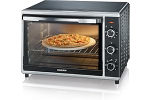 SEVERIN Mini-Four à chaleur tournante 42 L avec pierre à pizza et tournebroche, Four posable 1 800 W design élégant, électrique avec minuteur 120 min, Noir/Inox, TO 2058