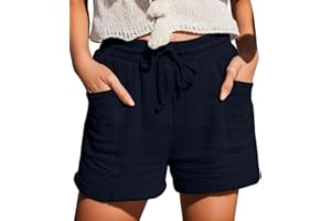 KEIZHUONIQIU Damen Shorts Sommer Mode Lässige Musselin Hose mit hoher Taille Gerades Bein Gummiband Freizeit Shorts Elastische Stoffhose Sport Lässige Lockere Shorts mit Kordelzug Kurze Hose mit Taschen