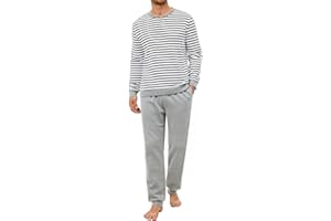 Crewhpo Pyjama Homme Hiver Ensemble Pyjamas à Manches Longues Deux Pièces Pyjama Long Col Rond Vêtements de Nuit Doux Vêtements de Détente S-XXL