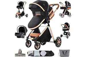 Sianldcone Poussette 3 en 1, tissus de première qualité, poussette 3 pièces, poussée bidirectionnelle pour bébés, vision ouverte, poussette réversible (V9 Black)
