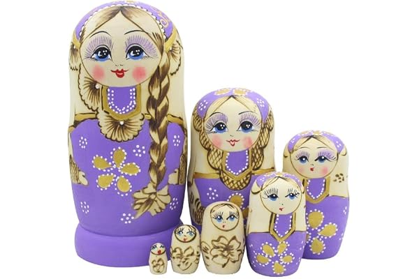 Winterworm Lot de 7 poupées longues tressées violettes Matrioshka Babushka Poupées gigognes russes traditionnelles en bois jouet pour enfants