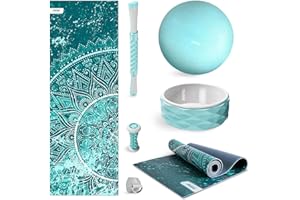 FITFIU Fitness KITWELL-600 Pack de 6 Accessoires Yoga Pilates Couleur Bleu avec Tapis, Balle, Roue, Sangle et 2 Masseurs Inclut Guide d’Exercices Wellness