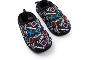PlayStation Boys Black Slip On Loafer Slippers | Graphic Print with Controller Symbols & 'Player One, Forever Gaming' | Indoor Wear for Gamers Merch