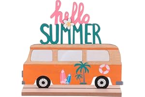 Amosfun Espositore in legno con scritta lingua inglese "Bus Hello Summer" stile tropicale, decorazione da tavolo fai te per l'estate, la primavera e festa hawaiana, l'ufficio casa