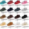 16 Pcs Western Cowboy Hat for Men Women, Faux Felt Leather Wide Brim Hat with Adjustable Drawstring, Cowboy Party Hats for Men Women Adult Costume Party