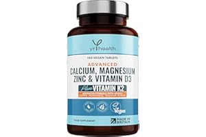 Calcium, Magnesium, Zinc and Vitamin D Plus Vitamin K2 MK-7 Tablets - Osteo Supplement - 180 Vegan Tablets not Capsules - Made in The UK by YrHealth