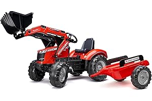 FALK - Tractopelle à pédales Massey Ferguson avec et remorque - Dès 3 ans - Fabriqué en France - Pelle frontale articulée - Siège ajustable - 4010AM