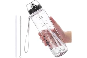GOPPUS 1L/32oz Bouteille d'eau avec paille Motivational Étanche Boissons Bouteille avec marquages de l'heure Tritan Bouteille de Sport pour l'école de Gym Grande bouteille d'eau pour Adulte Sans BPA