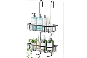 jockcaras Duschablage Zum Hängen Duschregal Ohne Bohren Shampoo Halterung Für Dusche Glastür Duschkorb Shampoo Duschgel Halterung mit 2 Duschkörben 2 Haken Für Duschwand aus Edelstahl Schwarz 32x57cm