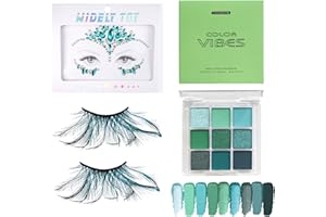 SHOWHEEL Pfauen Kostüm Damen, Schminke Pfau, mit Wimpern Pfau, Lidschatten Grün, Glitzersteine Gesicht, Kopfschmuck Pfau, Kostüm Pfau Zubehör, Federn Kostüm, zum Halloween Karneval Schminke