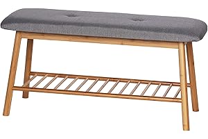 WENKO Banco con repisa para zapatos Bahari - Armario zapatero con asiento acolchado, Bambú, 90 x 45 x 34 cm, Marrón