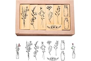 Fhioevt 8 Piezas Sellos de Madera de Flores y Plantas Scrapbooking Sellos de Madera Flores para Estampar Sellos de Goma de Madera para Manualidades,Tarjetas,Álbumes de Recortes