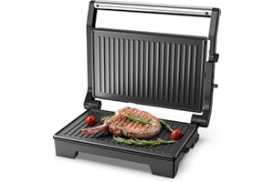 Tiastar Grille viande multifonction,1000W,Grille de Contact Avec Plaques antiadhésives et ouverture à 180º, Presse à paninis,Appareil à Sandwichs Sans BPA,Noir
